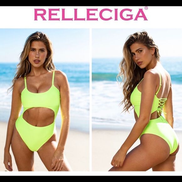 Relleciga high waisted 1 piece swimsuit cut out swimwear neon yellow sz XL NWOT - Picture 1 of 15